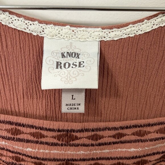 KNOX ROSE Terracotta Cream Mini Dress L Boho Crinkle Rayon Tunic Short Sleeve - Picture 4 of 10